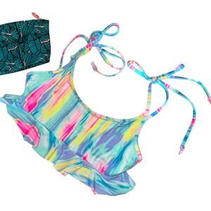 PINK Pastel Tie Dye Flounce Ruffle String Bikini Top Small